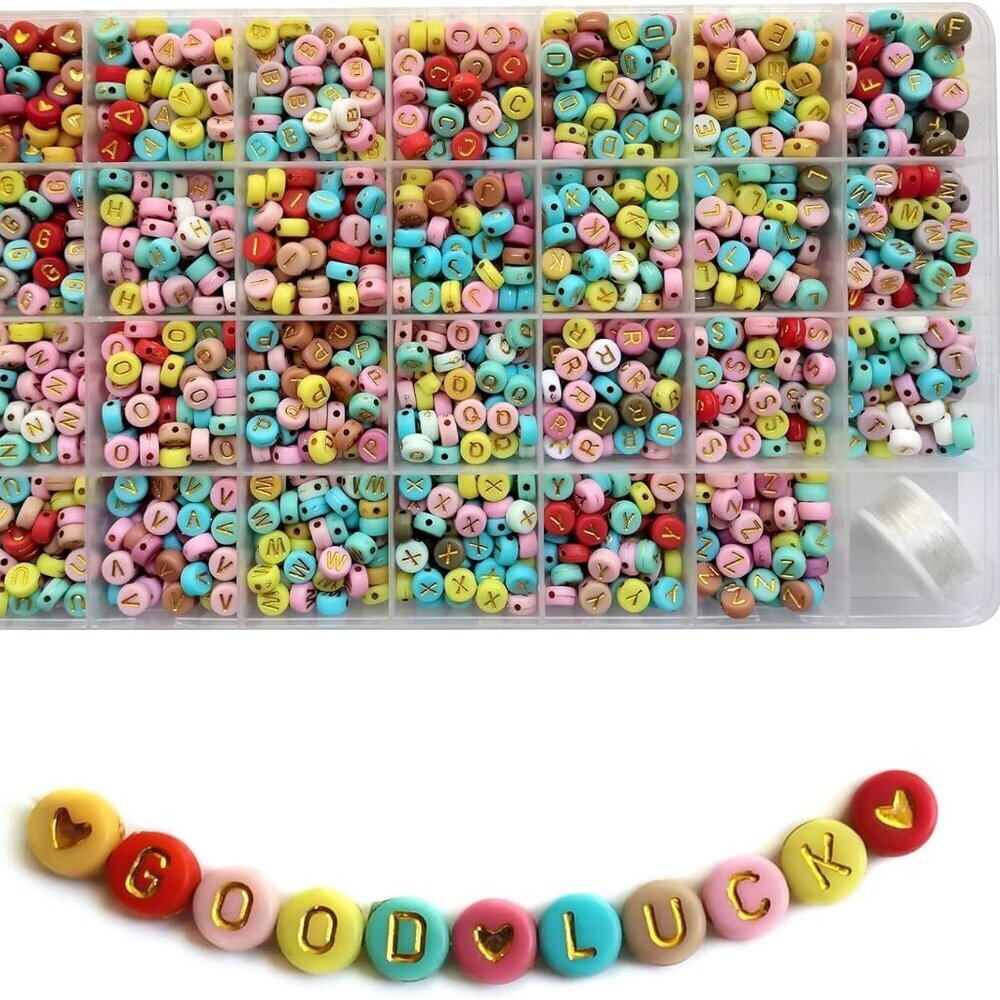 Amaney 1400 Pieces Letter Beads 4x7mm Gold on Colors Round Acrylic Alphabet A-Z